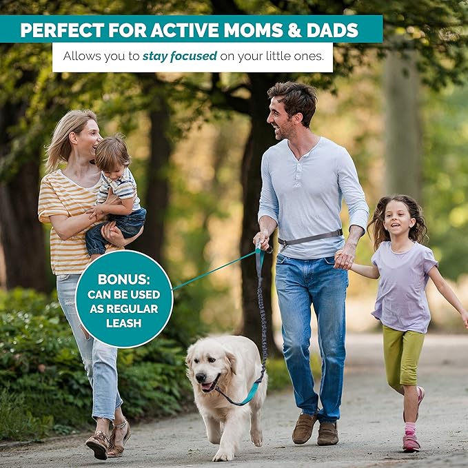 Tuff Mutt Hands-Free Waist Leash for Dog Walking, Running and Hiking, Carabiner Clip, Adjustable Belt with Double Handle, Reflective Bungee Design for Large & Medium Dogs