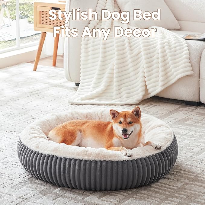 33 inches Donut Dog Bed for Medium Large Dogs,Calming Round Pet Bed with Removable Cover,Washable Milk Plush Faux Fur, Fits up to 50 lbs Pets(Dark Grey,M Plus)