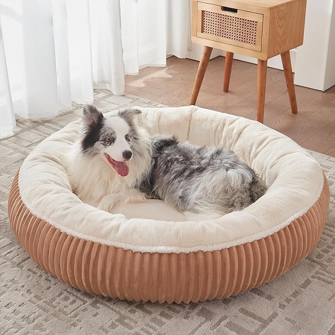 45 inches Donut Dog Bed for Extra Large Dogs,Calming Round Jumbo Pet Bed with Removable Cover, Washable Milk Plush Faux Fur, Fits Pets up to 100 lbs(Brown,XL)