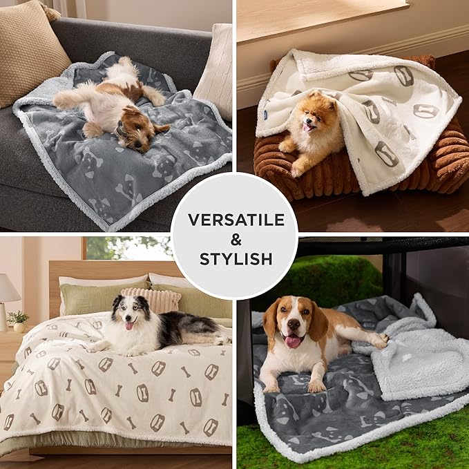 Bedsure Waterproof Dog Blankets for Medium Dogs Washable - Soft Print Sherpa Fleece Puppy Cat Blanket, Cozy Plush Reversible Throw Furniture Protector for Pet Kitten Doggy, 30"X40", Beige
