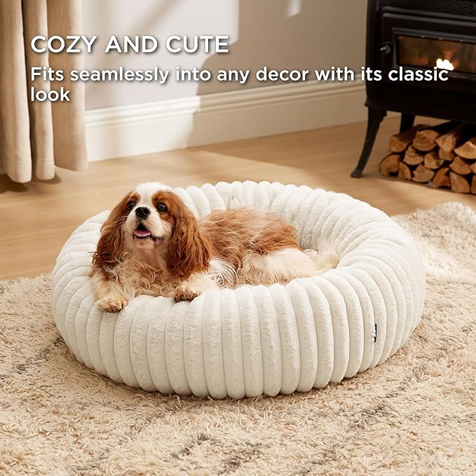 Bedsure Donut Medium Dog Bed - Washable Faux Fur with Corduroy Fleece & Anti Slip Bottom, Round Pet Bed with Removable Cover, Cream, 30x30x8 inches