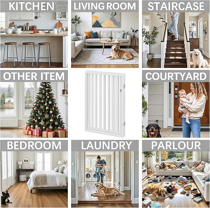 Vantas Folding No-Assembly Metal Pet Gate 80" Wide, 24" Extra Tall Dog Gate with Door Walk Through, Freestanding Accordion Puppy Gate Dog Door for Indoor & Outdoor, with 2PCS Support - White