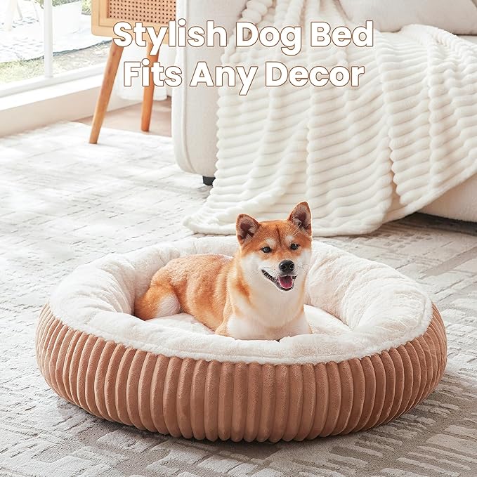 33 inches Donut Dog Bed for Medium Large Dogs,Calming Round Pet Bed with Removable Cover,Washable Milk Plush Faux Fur, Fits up to 50 lbs Pets(Brown,M Plus)