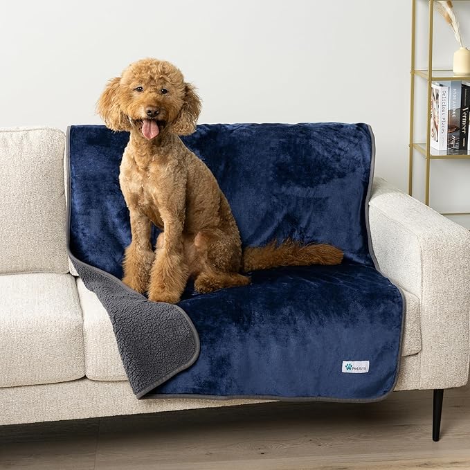 PetAmi Waterproof Dog Blanket Sherpa Fleece, Pet Small Medium Dogs, Reversible Large Cat Throw Bed Couch Sofa Furniture Protector, Soft Plush Microfiber (Medium 29x40, Blue/Gray), Navy/Gray