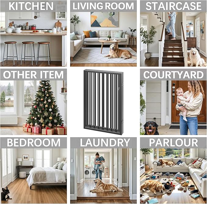 Vantas Folding No-Assembly Metal Pet Gate 80" Wide, 24" Extra Tall Dog Gate with Door Walk Through, Freestanding Accordion Puppy Gate Dog Door for Indoor & Outdoor, with 2PCS Support - Black