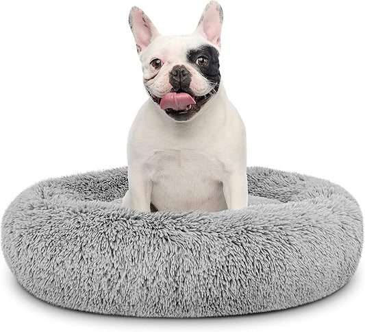 The Dog’s Bed Sound Sleep Donut Dog Bed, Medium Silver Grey Fur Calming Nest Bed, Veterinary Approved
