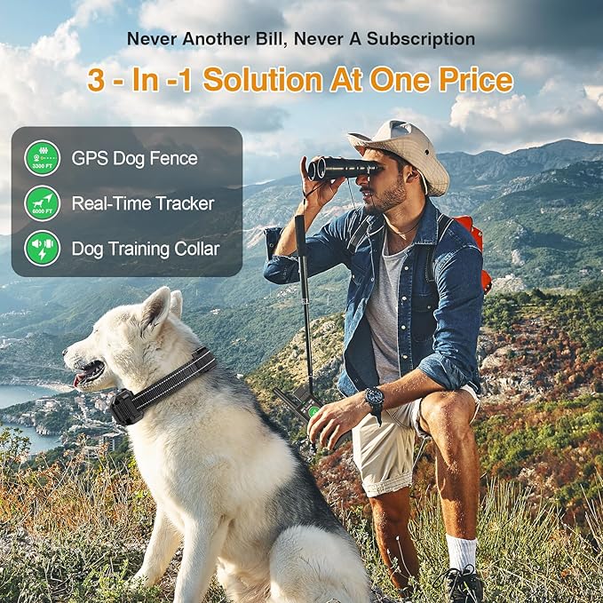 Satellite Sync GPS Wireless Dog Fence System, No Subscription & No App, 3 - in -1 Off-Grid Real-Time Pet Tracker & Electric Fence & Training Dog Collar - Works Wherever Satellites Reach