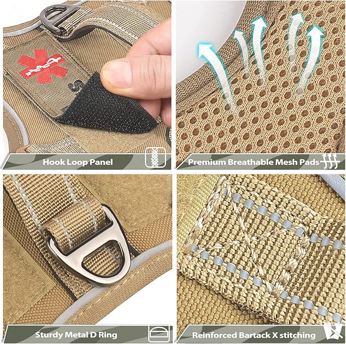 Tactical Dog Harness for Small Puppy, No Pull Military Service Dog Vest with Vertical Handle, Reflective Puppy Vest Harness for Outdoor Training (Khaki, XS)