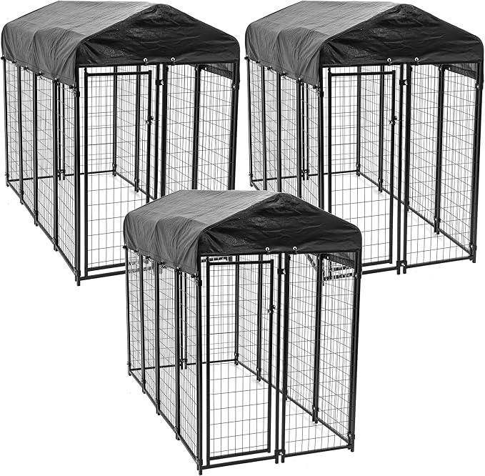 Lucky Dog 8ft x 4ft x 6ft Large Outdoor Dog Kennel Playpen Crate with Heavy Duty Welded Wire Frame and Waterproof Canopy Cover, Black (3 Pack)