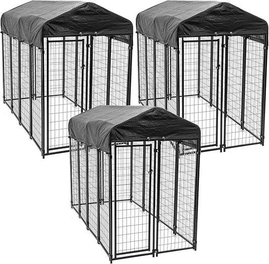 Lucky Dog 8ft x 4ft x 6ft Large Outdoor Dog Kennel Playpen Crate with Heavy Duty Welded Wire Frame and Waterproof Canopy Cover, Black (3 Pack)