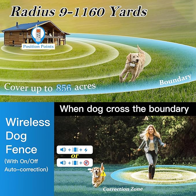 Wireless Dog Fence & Ultrasonic Training Collar -1160-Yard Adjustable Boundary for Outdoor, 6100FT Remote, 4 Modes (Beep/Vibration/Static/Ultrasonic), IPX7 Waterproof, 185-Day Standby, Grey