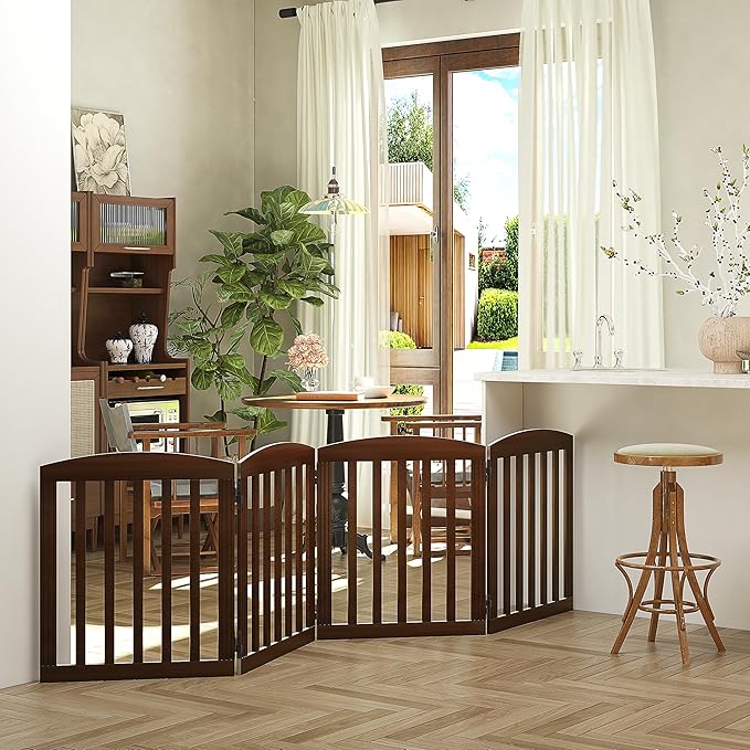 SPIRICH 96" Extra Wide 28" Tall Dog Gate Indoor, Dog Gates for Doorways, Stairs, The House, Wooden Freestanding Foldable Pet Gate, Step Over Puppy Gate, 4 Panels, Brown
