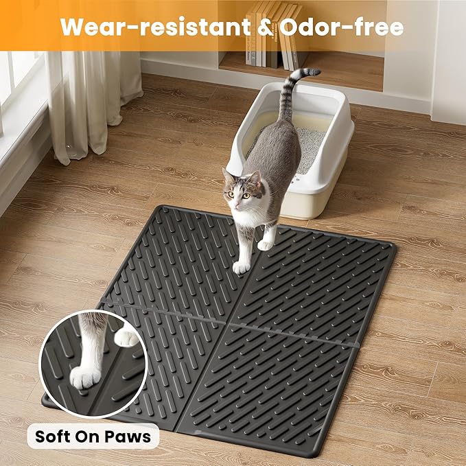 Pieviev Cat Litter Box Mat, 31"x 24" EVA Scratch Resistant Litter Trapping Mat, Easy Clean for Scatter Control, Soft on Kitty Paws, Waterproof & Urine Proof for Indoor Use, Black