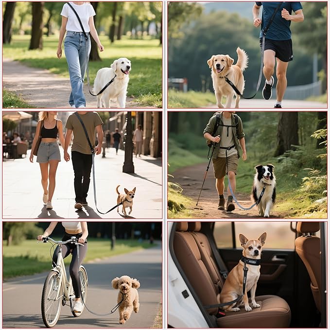 Hands Free Dog Leash, Multifunctional Crossbody Running for Dogs, Ultra-Light Dog Training Leash with Secure Clip, Short & Long Leashes, Adjustable Service Dog Leashes (Black Gray)