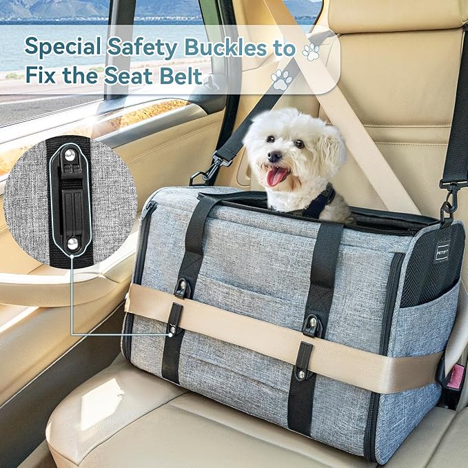 PETSFIT Cat Car Carrier for Medium Cats Dogs, 19"x12"x12" Small Dog Carrier, with Patent Safety Buckles and Escape-Proof Zipper - Safeguarding Car Travel, Vet Visit, Outdoor