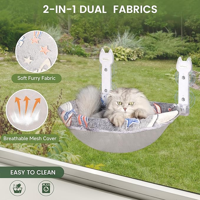 Cat Window Perch, Glow in The Dark Foldable Cat Hammock with Sunken Design & Removable Soft Cover, Breathable Cordless Window Bed for Resting Indoor Kitten (Deep Perch, 1 Pack - M)