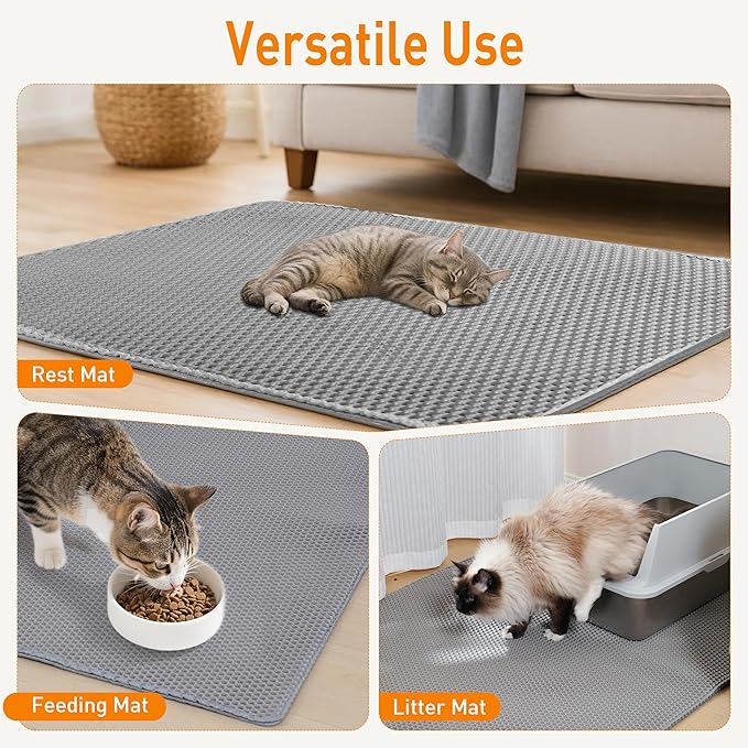 Large Cat Litter Mat for Litter Box, 47"×33" Double Layer Trapping Mat, Non-Slip Water Proof Kitty Litter Pad, Grey