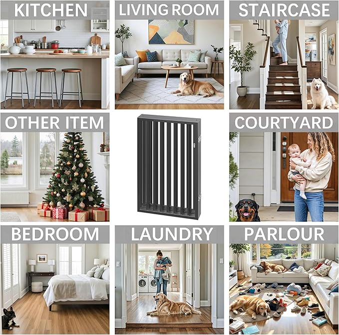 Vantas Folding No-Assembly Metal Pet Gate 120" Wide, 24" Extra Tall Dog Gate with Door Walk Through, Freestanding Accordion Puppy Gate Dog Door for Indoor & Outdoor, with 2PCS Support - Black