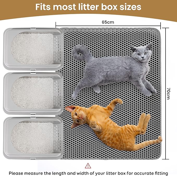 Cat Litter Mat 30x24 Inches, Honeycomb Double Layer Traps Litter & Waterproof Leatherette Bottom Prevents Urine Leaks, Durable & Easy Clean Pet Floor Protector for Cat Litter Box Area（Grey）