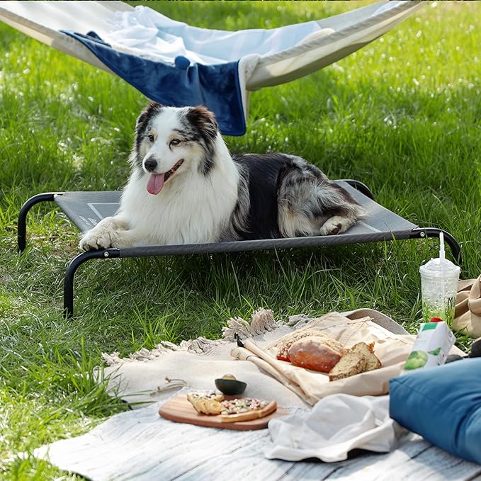 Bedsure Outdoor Elevated XL Dog Bed, Portable Indoor & Outdoor Cooling Raised Cot Pet Hammock Bed with Skid-Resistant Feet, Frame with Breathable Mesh, Grey, 54 inches