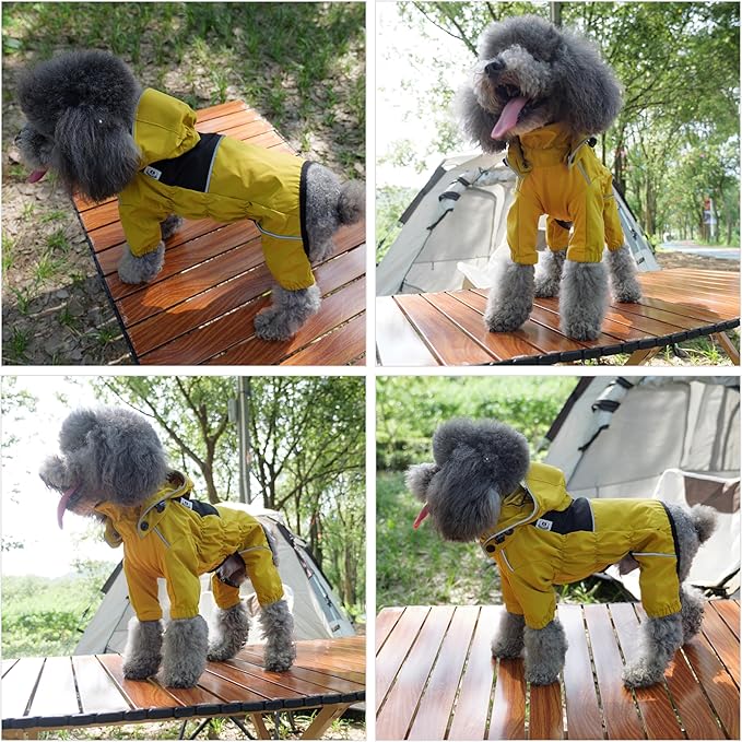 LOVELONGLONG Waterproof Dog Raincoat with Removable Hood – Outdoor Full Body Dog Jacket, Windproof Snowproof Shell Suit – All Season Pet Rain Gear Mustard Yellow L