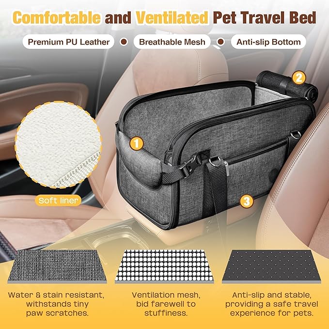 YUDODO Center Console Dog Car Seat, Anti-Slip Pet Cat Booster Seat for Small Dogs, Portable Puppy Bed Carseat Carrier PU Leather Gray
