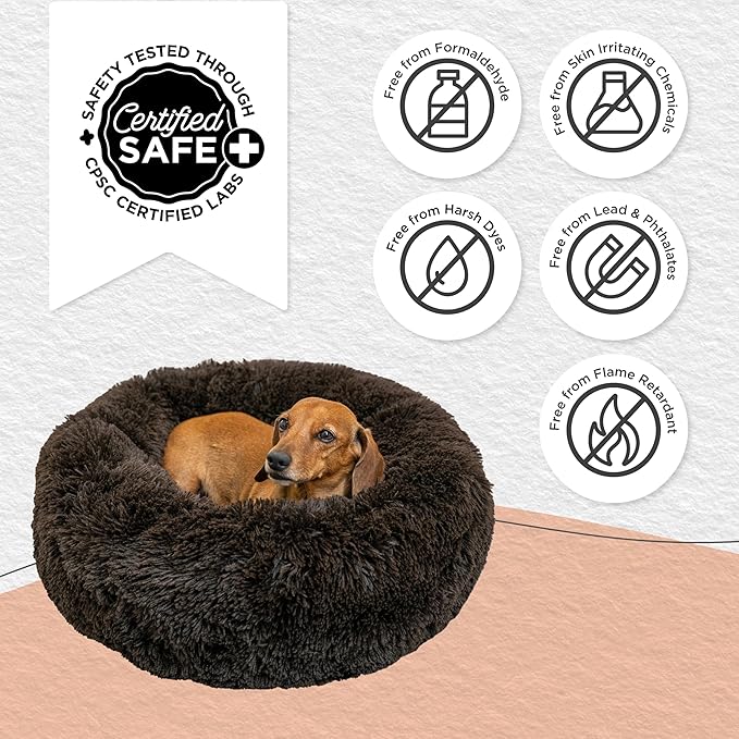 Best Friends by Sheri The Original Calming Donut Dog Bed – Washable Plush Pet Bed for Cats & Small Dogs up to 25 lbs, Shag Faux Fur, Dark Chocolate, Small (23" x 23")