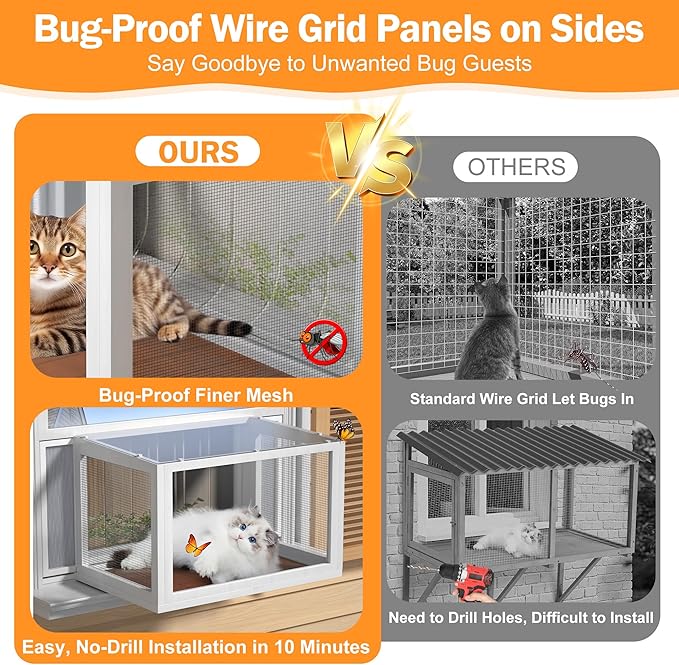 Cat Window Box Catio, Outdoor Indoor Cat Enclosure with Clear Panels, Mesh Sides & PVC Curtain, Universal Window Perch for Windows 25"–43", Window Catio for Sunbathing, Napping & Overlooking,Walnut