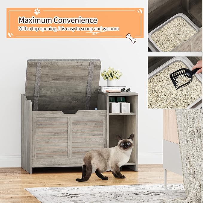 Cat Litter Box Enclosure Furniture with Top Opening and Cushion, Hidden Litter Box Cabinet with Storage, Privacy Cat Box Enclosure, Grey