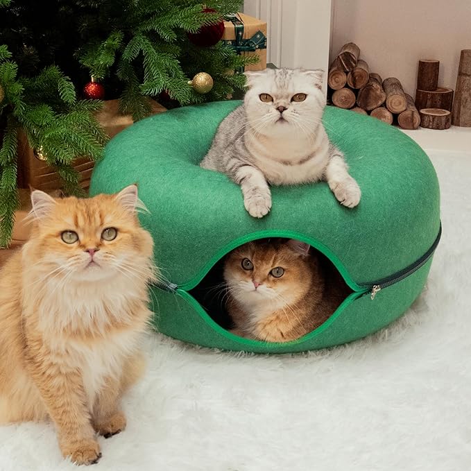 Cattasaurus Peekaboo Cat Cave Donut for Multiple & Large Cats up to 30-45 lbs, 3-in-1 Self Warming Cat Bed, Tunnel & Scratcher for Indoor Cats, Washable & Detachable Dog Bed (Forest Green, Large)