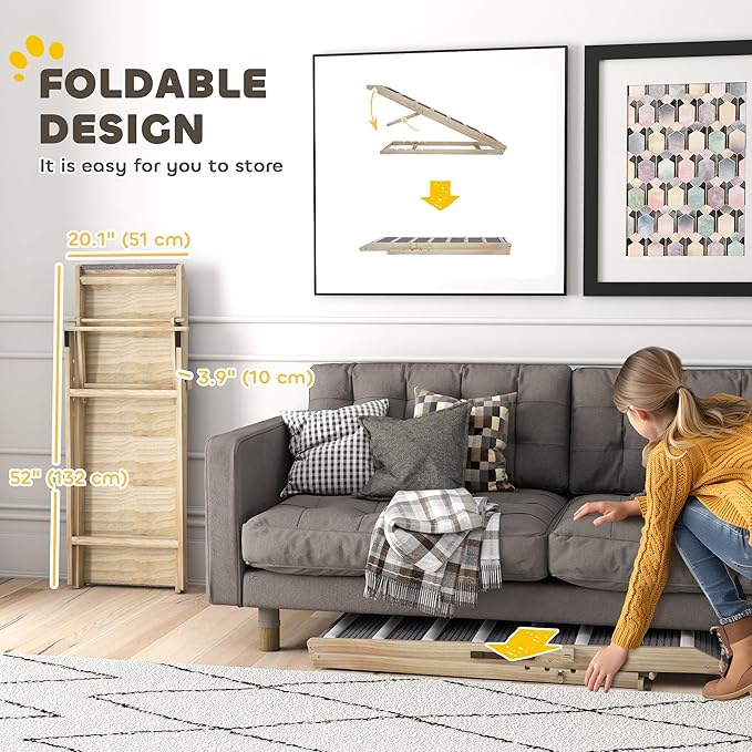 PawHut Dog Ramp for Couch, Foldable Pet Ramp for Small to Large Dog, 4 Adjustable Height from 16" to 23.5", Pet Steps with Non-Slip Carpet for Bed and Sofa