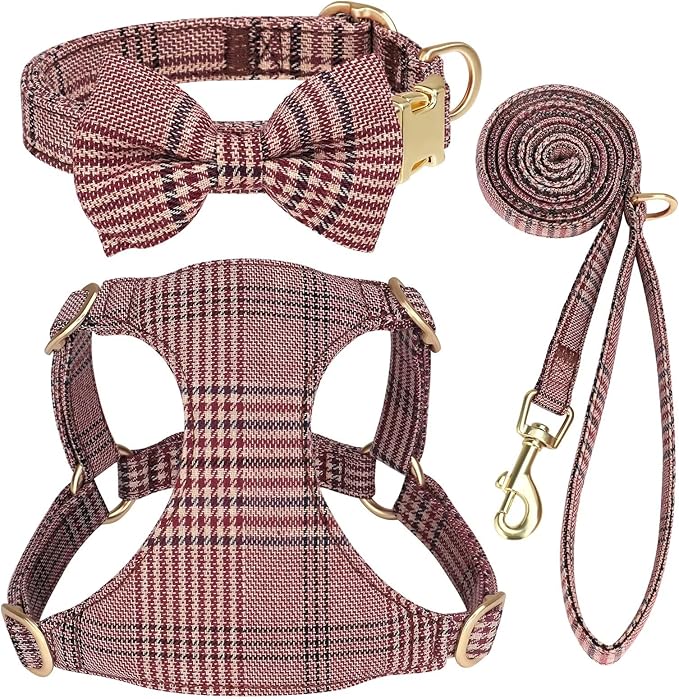 Beirui Cute Extra Small Dog Harness Collar and Leash Set with Bowtie, Soft Adjustable Plaid Puppy Harness for Small Sized Dogs Cats Walks Parties and Photoshoots(Maroon,XXS:Chest 12-14")
