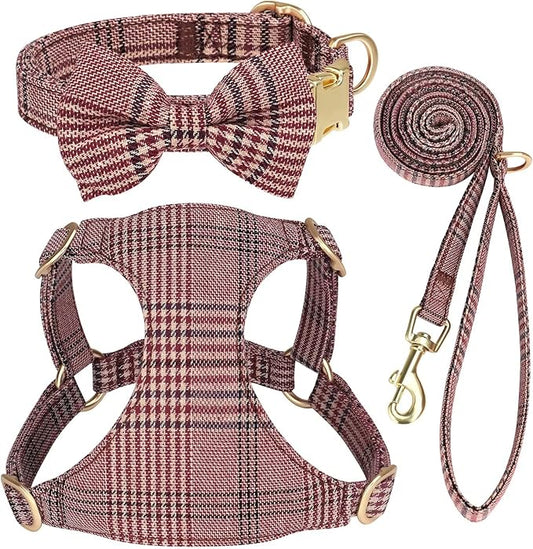 Beirui Cute Extra Small Dog Harness Collar and Leash Set with Bowtie, Soft Adjustable Plaid Puppy Harness for Small Sized Dogs Cats Walks Parties and Photoshoots(Maroon,XS:Chest 13-18")