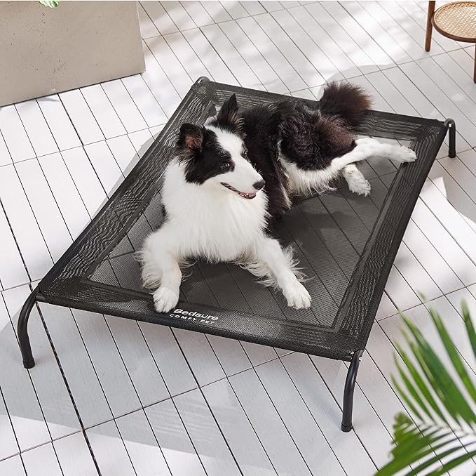 Bedsure Outdoor Elevated Dog Bed Large Sized Dog, Portable Indoor & Outdoor Cooling Raised Cot Pet Hammock Bed with Skid-Resistant Feet, Frame with Breathable Mesh, Black, 49 inches