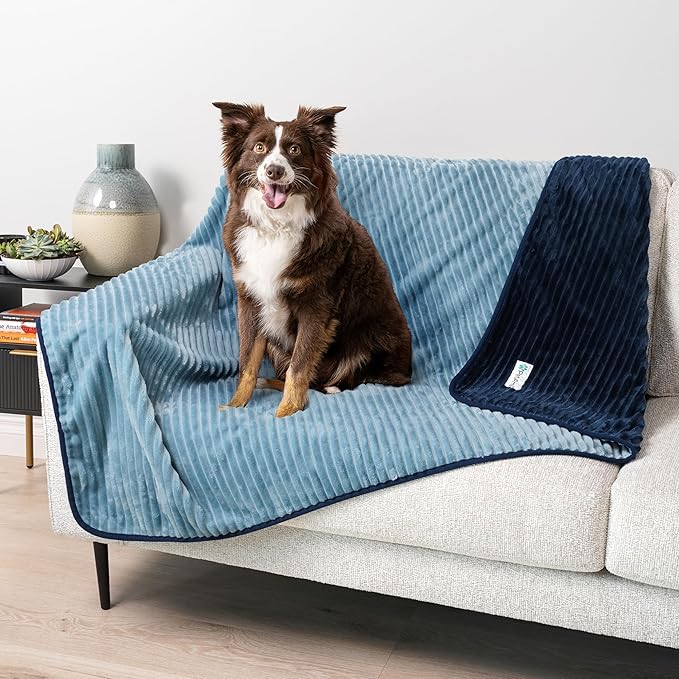 PetAmi Waterproof Dog Blanket, Leakproof Pet Blanket for Small Medium Large Dogs, Reversible Furniture Bed Sofa Couch Cover Protector, Plush Striped Pet Throw for Indoor Cat, 40x60 in, Navy Blue
