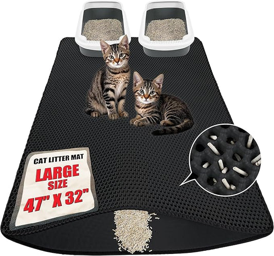 Large cat Litter mat, Jumbo Size (47" x 32") Black, Double Layer, Waterproof, Odor-Free, Easy to Clean