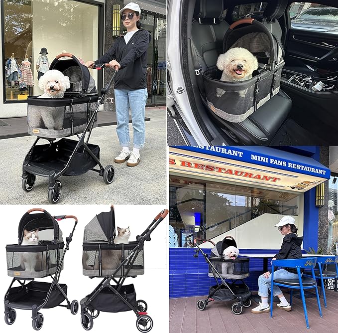 ROODO Fashion 3-in-1 Dog Cat Stroller with Detachable Carrier&Car Seat Combo Best Lightweight Folding Portable All-Terrain Travel Pet Gear Puppy Doggie Kitty Stroller for up to 35 lbs(Grey Lattice)