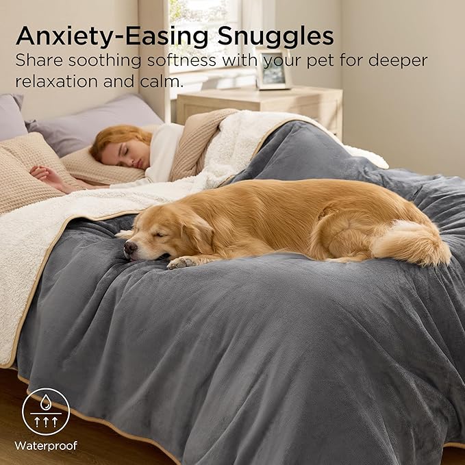 Bedsure Waterproof Blanket for Bed - Sherpa Fleece Waterproof Dog Blankets for Large Dogs, Pet Blankets for Bed/Couch, Soft Plush Reversible Furniture Protector, King Size, 108"x86", Grey