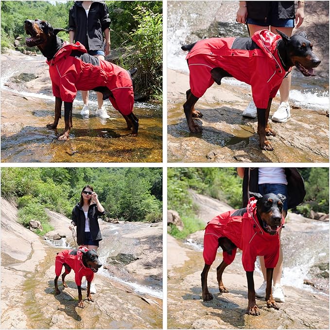 LOVELONGLONG Waterproof Dog Raincoat with Removable Hood – Outdoor Full Body Dog Jacket, Windproof Snowproof Shell Suit – All Season Pet Rain Gear Red M