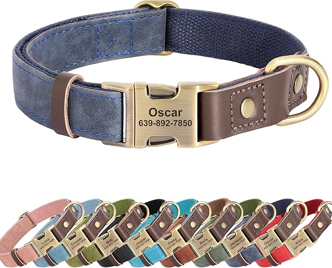 Personalized Dog Collars, Custom Soft PU Leather Dog Collar with Pet Name and Phone Number for Medium Dogs, Adjustable and Durable Pet Collars with Quick Release Metal Buckle,M(13-19")