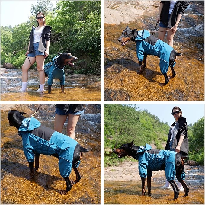 LOVELONGLONG Waterproof Dog Raincoat with Removable Hood – Outdoor Full Body Dog Jacket, Windproof Snowproof Shell Suit – All Season Pet Rain Gear Ocean Teal XXS