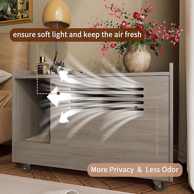 YZU Cat Litter Box Enclosure, Litter Box Furniture Hidden with Movable Wheels, Wooden Pet House Cabinet with Side End Table, 4-Grilles, Cat Litter Mat