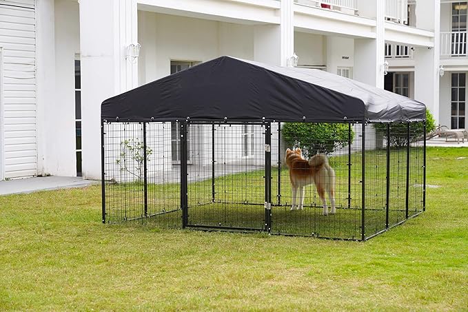 236" x 118" Outdoor Dog Kennel Steel Ideal Dog Fence for Medium/Small Dogs Anti-Rust Coating Cage with Roof All Weather Resistant Dog House with Double Locks