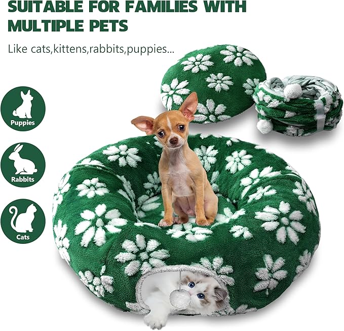 Cat Tunnel for Indoor Cats, Cute Peekaboo Cat Cave with Dangling Balls, Pet Donut Tunnel Bed with Circle Mat for Puppy Kitten Rabbit, Green Flower