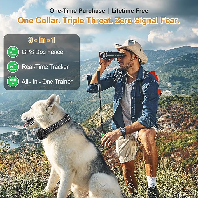 Satellite Sync GPS Wireless Dog Fence - No Subscription & No App, 3-in-1 Electric Fence/Real-Time Tracker/Dog Collar - Works Off-Grid with Remote Control