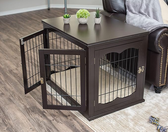 Internet's Best Decorative Dog Kennel with Pet Bed | Double Door | Wooden Wire Dog House | Large Indoor Pet Crate Side Table | Espresso