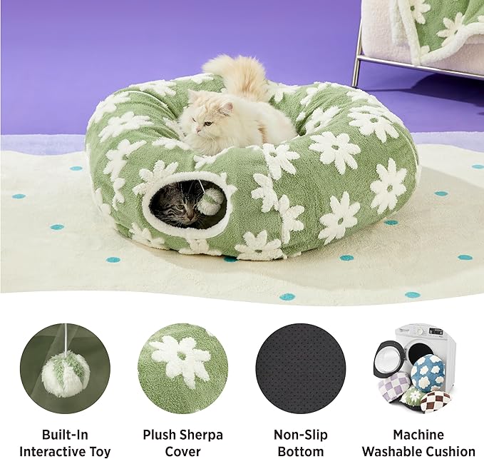 Lesure Cat Tunnel Bed for Indoor Cats - Cute Cat Donut Tunnel Toys for Small Large Cats with Washable Circle Cushion, Round Pet Peekaboo Cave Toy for Kitten/Puppy/Rabbit, Standard Flower Garden Green
