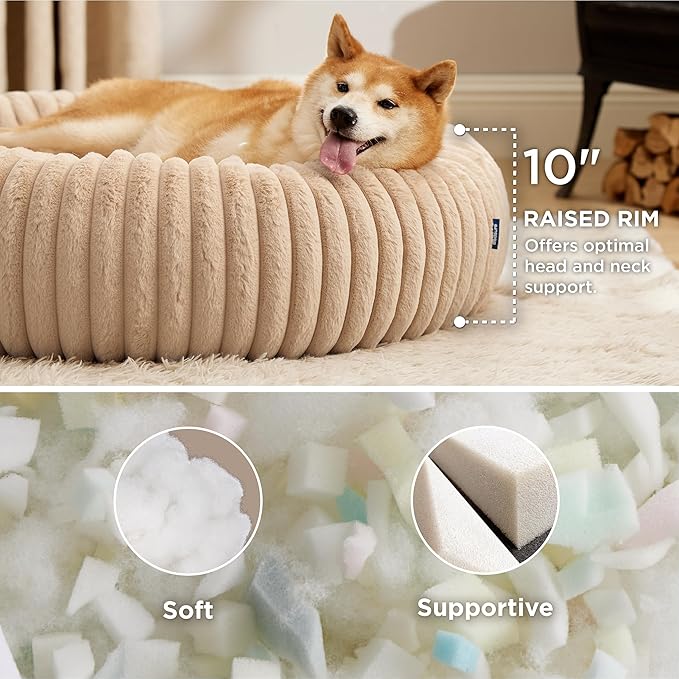 Bedsure Donut Large Dog Bed - Washable Faux Fur with Corduroy Fleece & Anti Slip Bottom, Round Pet Bed with Removable Cover, Sandy Beige, 36x36x8 inches