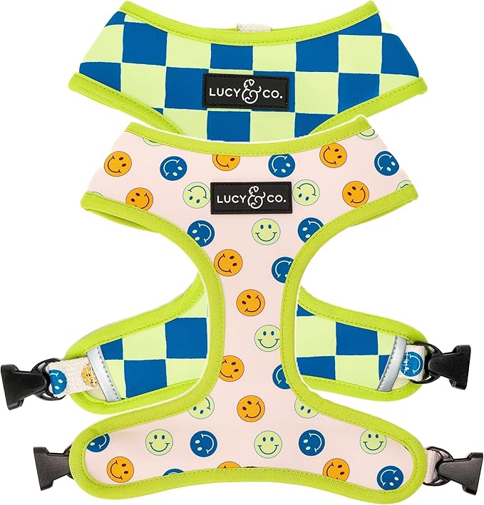 Lucy & Co. Lime Green with Blue Checker Smiley Faces Cute Reversible Dog Harness Walking Halter - Best Designer Pet Harnesses for XS - XL Dogs - Padded Adjustable Vest for Easy Walking (Medium)