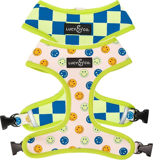 Lucy & Co. Lime Green with Blue Checker Smiley Faces, Cute Reversible Dog Harness Walking Halter - Best Designer Pet Harnesses for XS - XL Dogs - Padded Adjustable Vest for Easy Walking (X-Small)